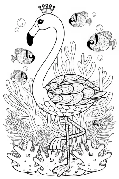 Flamingo Adventures Underwater Coloring Page