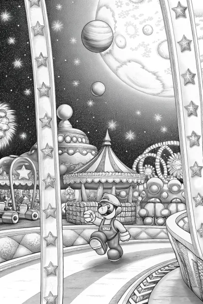 Mario racing in a cosmic carnival