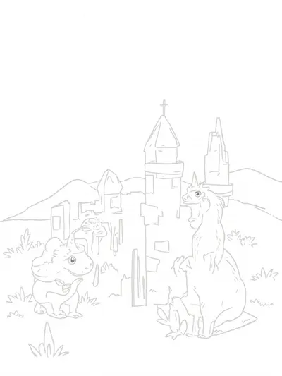 Dinosaurs building a castle