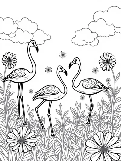 Flamingos playing in a garden