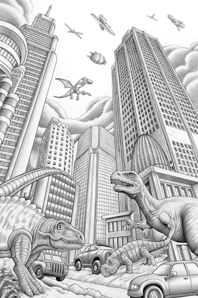 Dinosaurs in a futuristic city