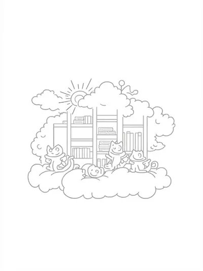 Whimsical library on clouds