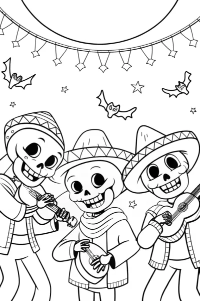 Cheerful Skeletons Halloween Coloring Page