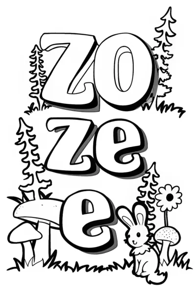 ZOE Coloring Page with Ferns and Rabbit