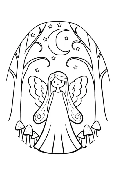 Celestial Guardian in the Moonlit Forest Coloring Page