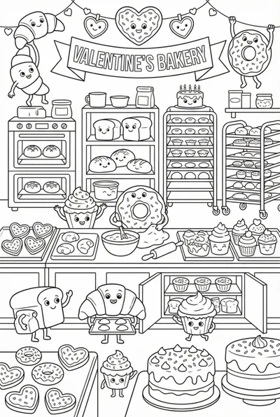 A bustling bakery scene with anthropomorphic pastries decorating Valentine’s Day treats Coloring Page