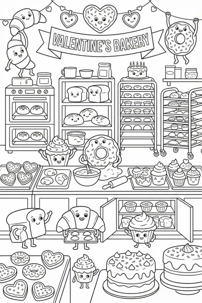 A bustling bakery scene with anthropomorphic pastries decorating Valentine’s Day treats Coloring Page