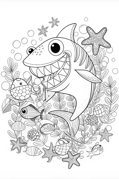 Smiling Shark in the Ocean Coloring Page