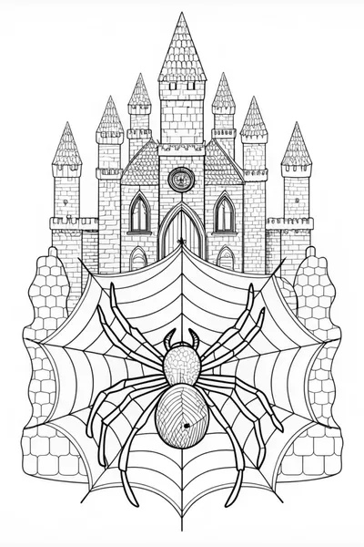 Castle and Spider Web Adventure Coloring Page