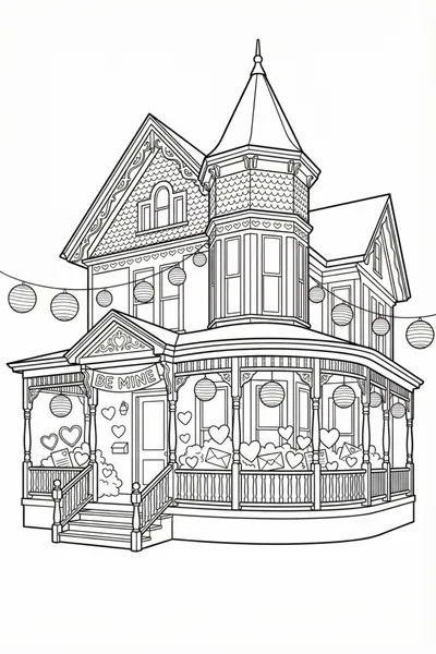 A vintage-style Victorian house with a porch covered in valentines and lanterns Coloring Page