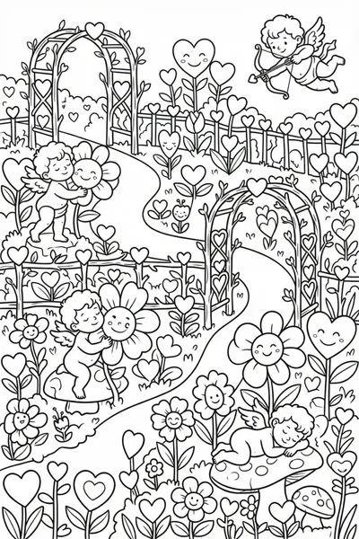 A whimsical garden filled with heart-shaped flowers and cuddly Cupid statues Coloring Page