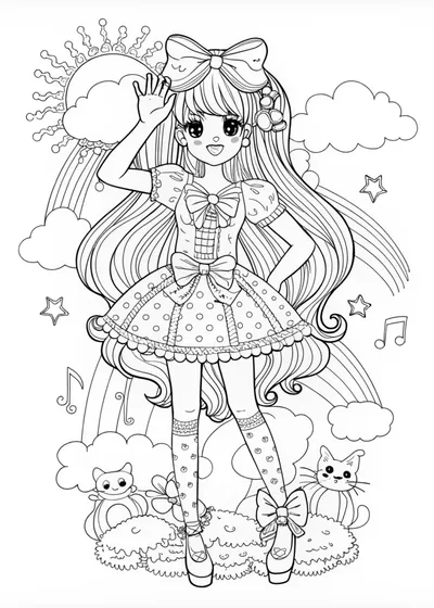 Anime Girl in a Flower Garden Coloring Page
