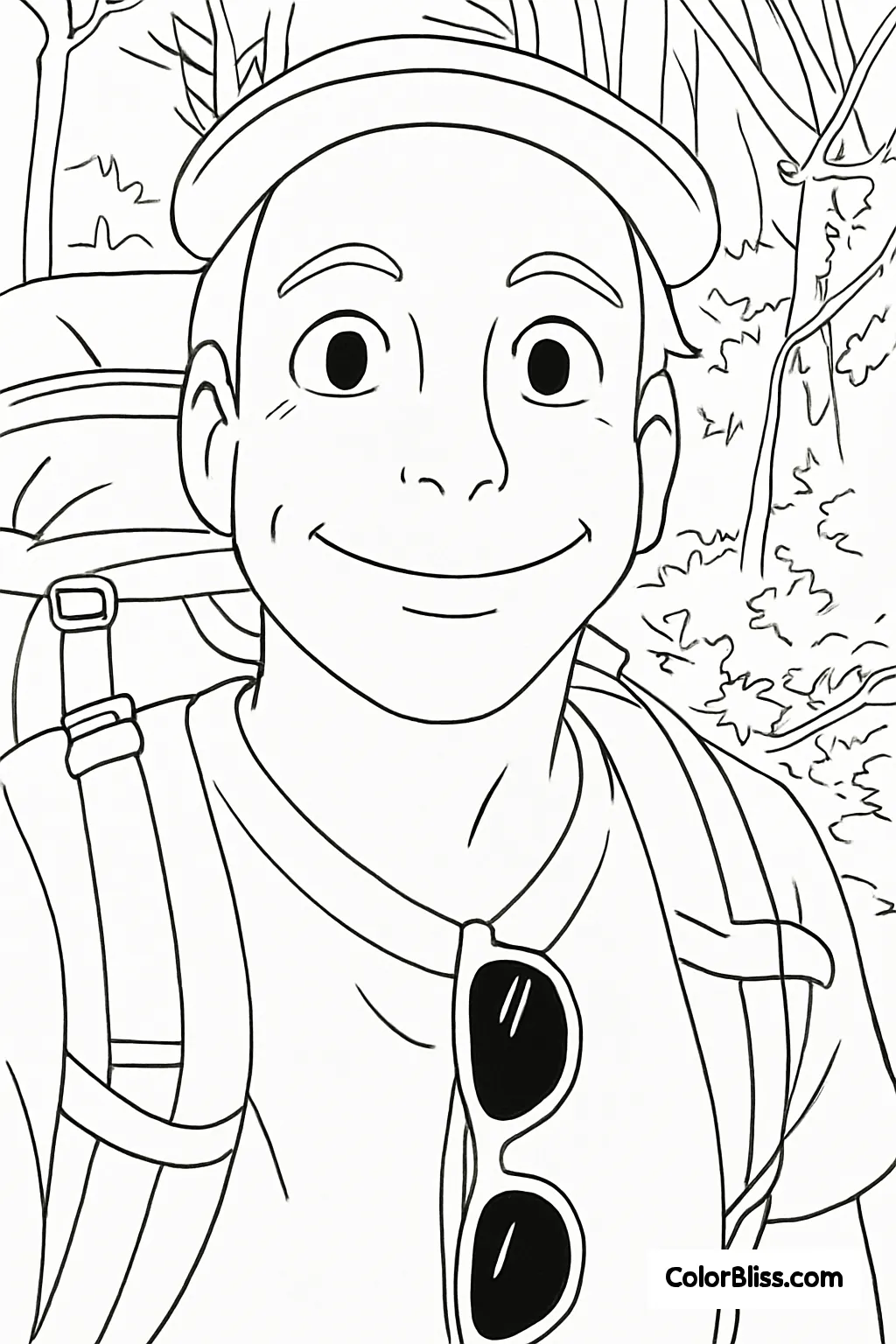 A ghibli style coloring page of a dog with a big smile on his face