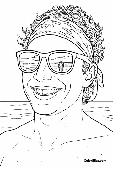 A coloring page of Ben at the beach with a big smile on his face