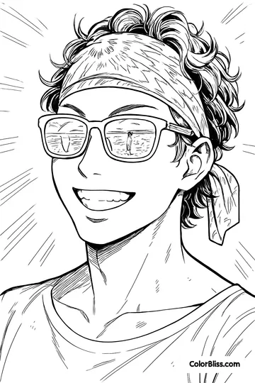 A manga style coloring page of Ben at the beach with a big smile on his face