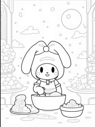 My Melody baking in a magical bakery