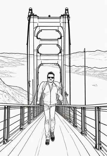 A coloring page of Bono walking across the golden gate bridge
