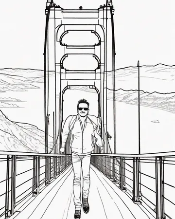A coloring page of Bono walking across the golden gate bridge