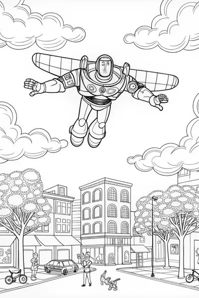 Buzz Lightyear Soaring Above the City