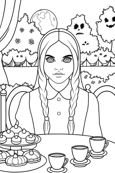 Wednesday Addams Hosting a Mysterious Black Cat Tea Party