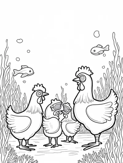 Chickens exploring underwater world