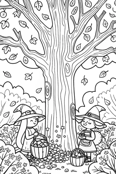 Whimsical Witches’ Autumn Gathering Coloring Page