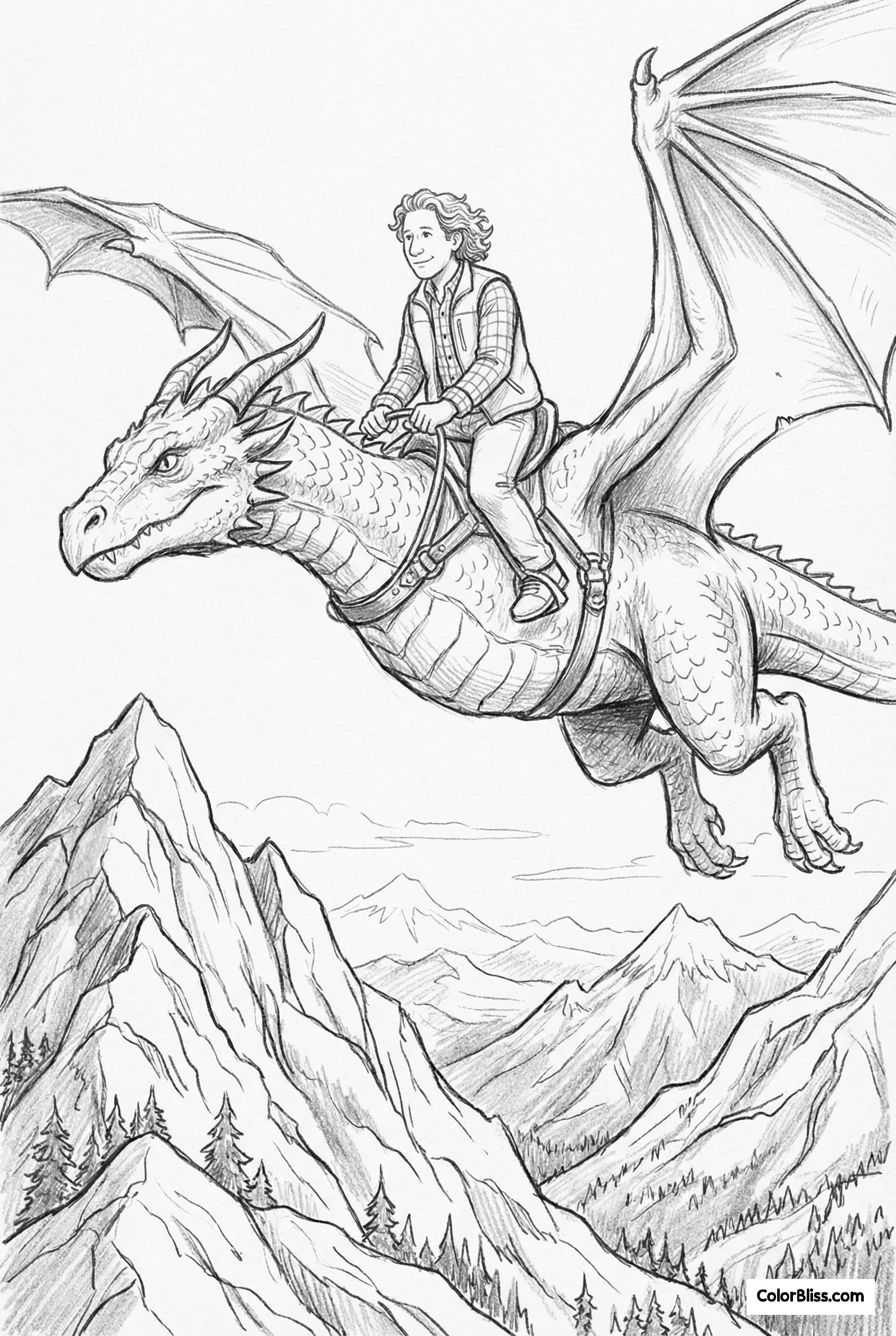 A consistent character riding a dragon, generated as a coloring page