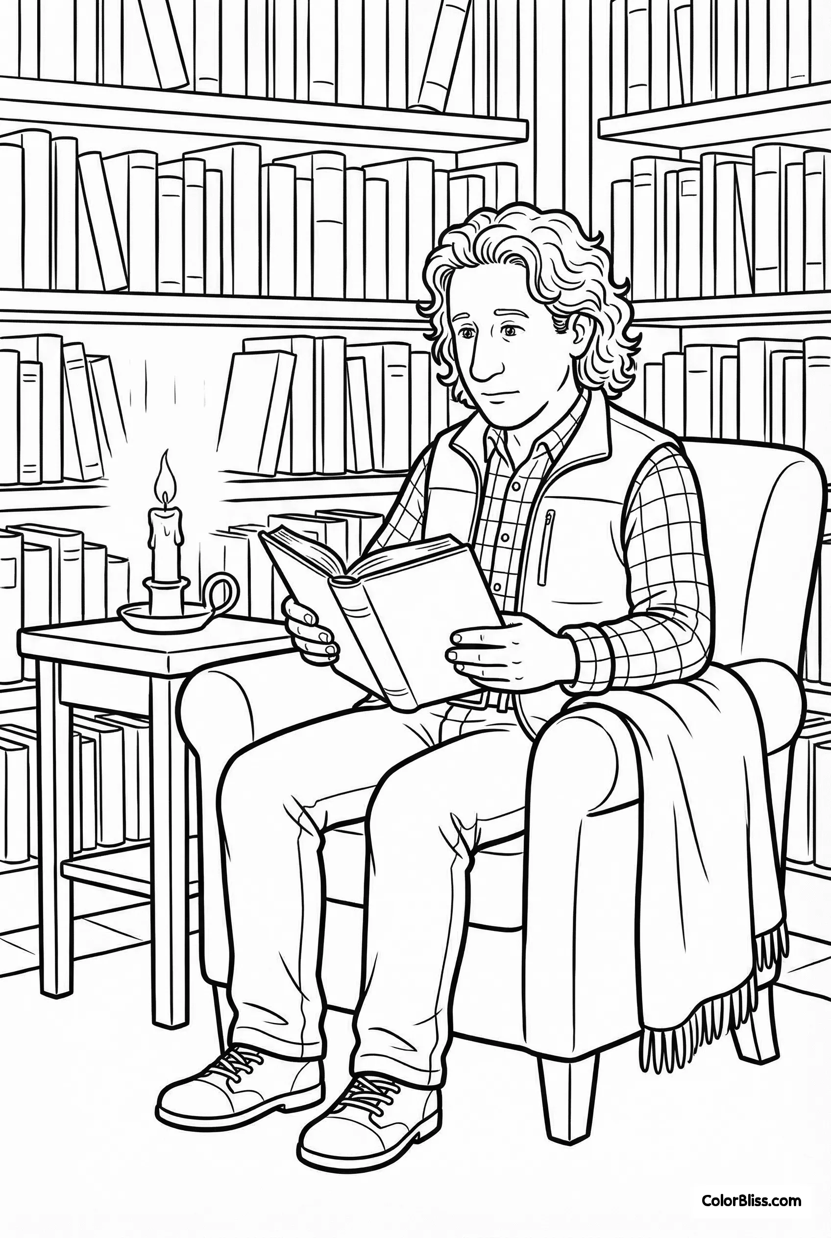 Coloring page of the same character reading in a cozy library