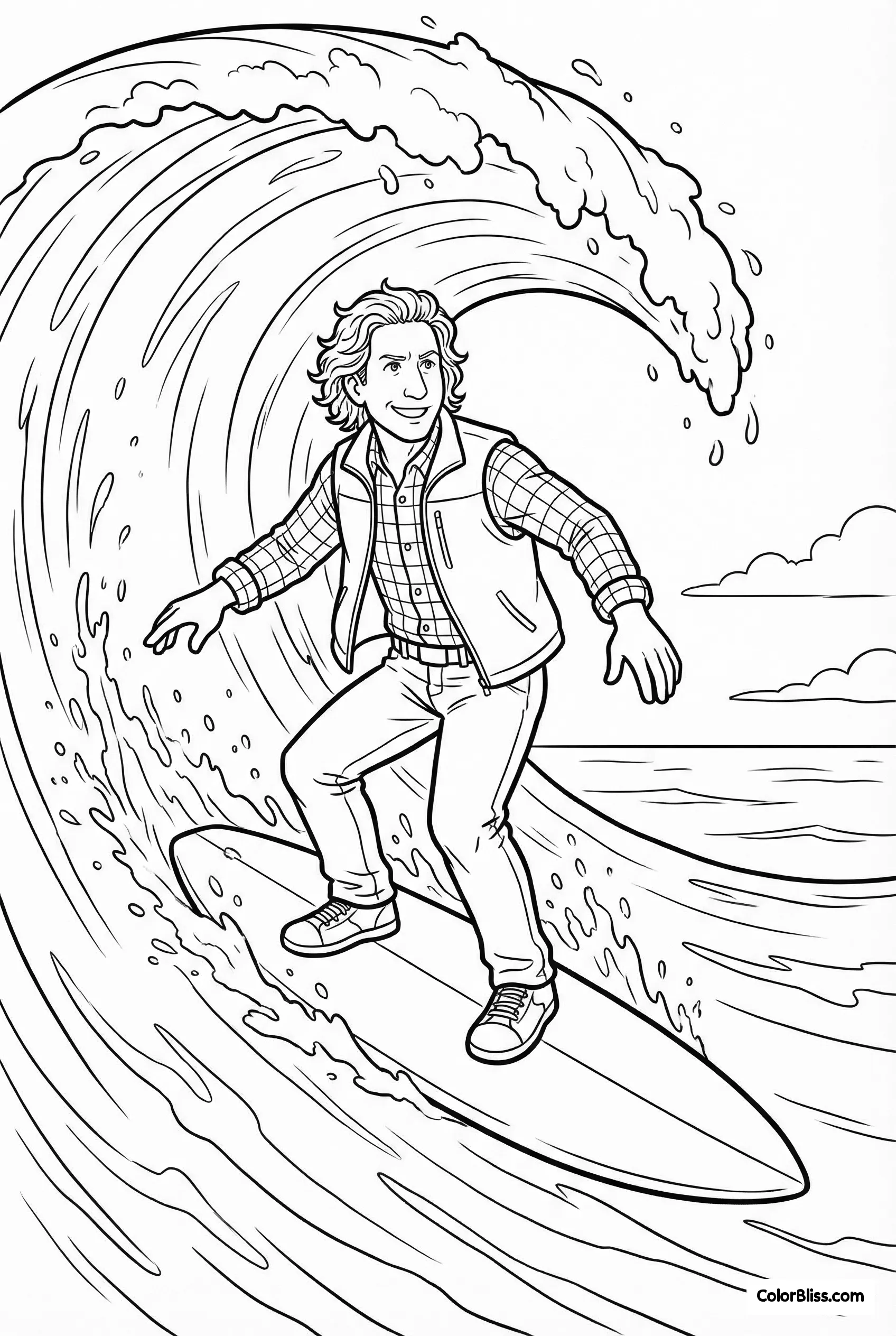 The same consistent character surfing, generated as a coloring page
