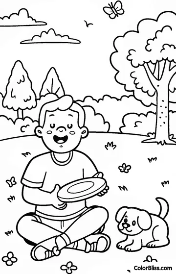 ai coloring page example: A cozy coloring page featuring a boy and his puppy