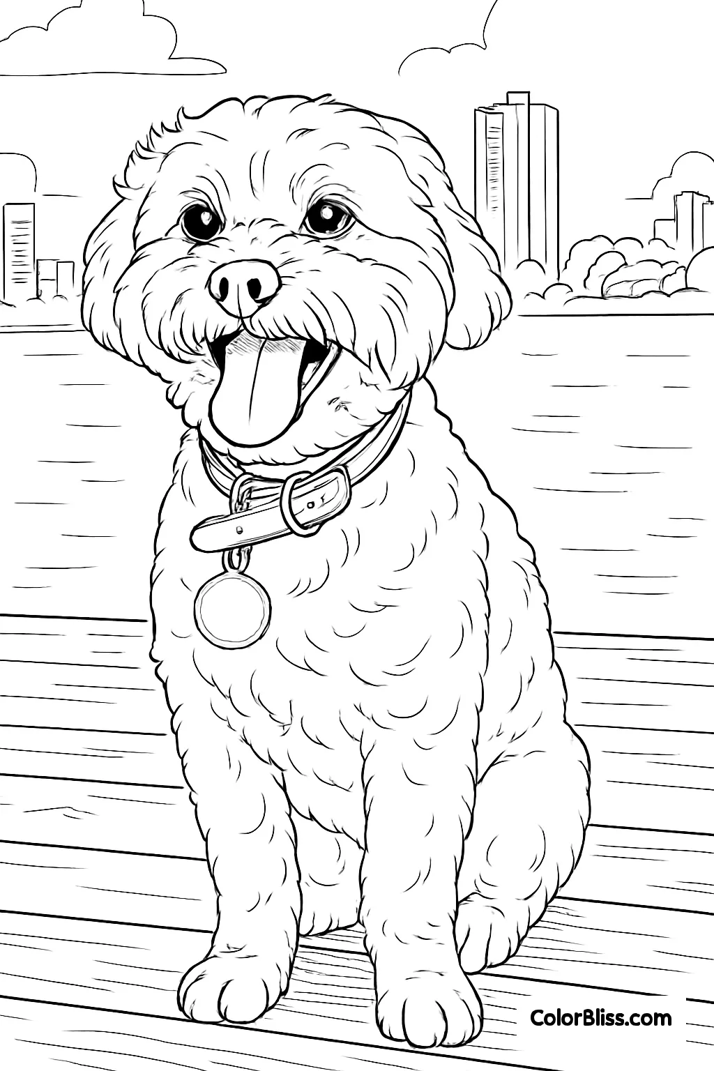 A coloring page of a dog with a big smile on his face