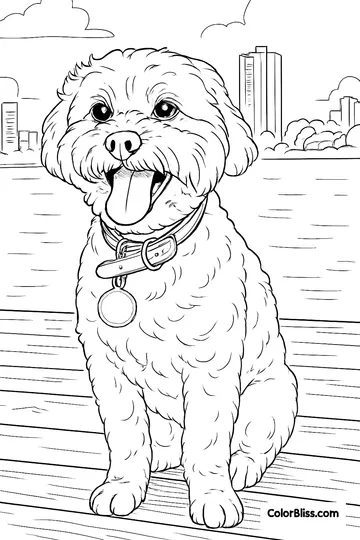 A coloring page of a dog with a big smile on his face