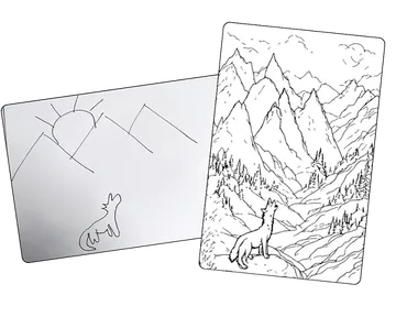 A drawing of a wolf in front of mountains, then transformed into a coloirng page using AI.
