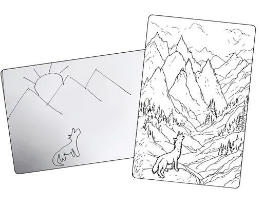 A drawing of a wolf in front of mountains, then transformed into a coloirng page using AI.