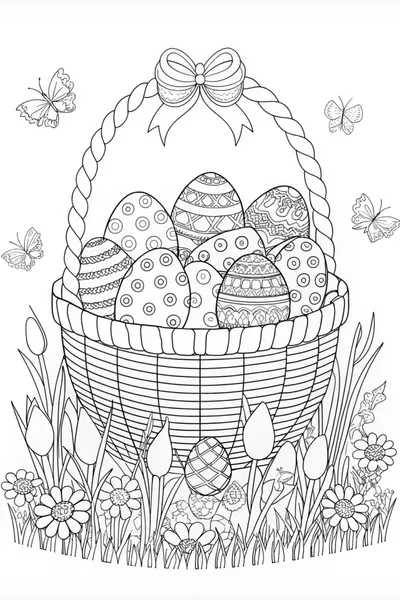 Easter Basket with Patterned Eggs and Flowers Coloring Page