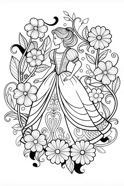Elegant Floral Princess Coloring Page