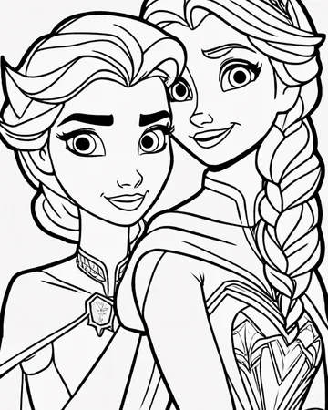 A coloring page of Elsa and Anna