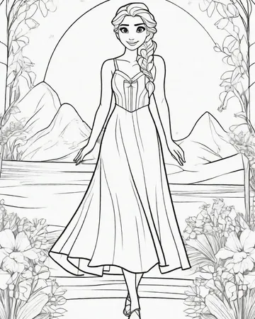 A coloring page of Elsa in a sundress