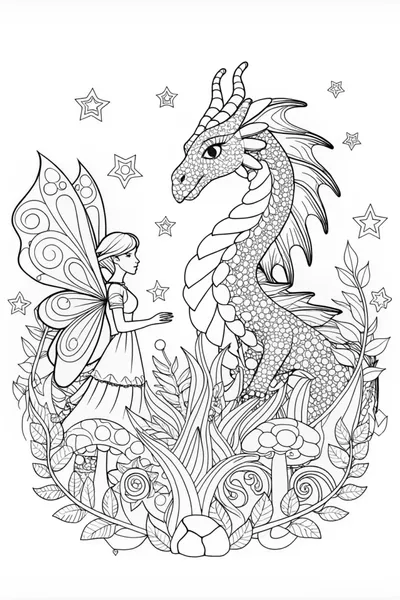 Fairy and Dragon Enchanted Encounter Coloring Page