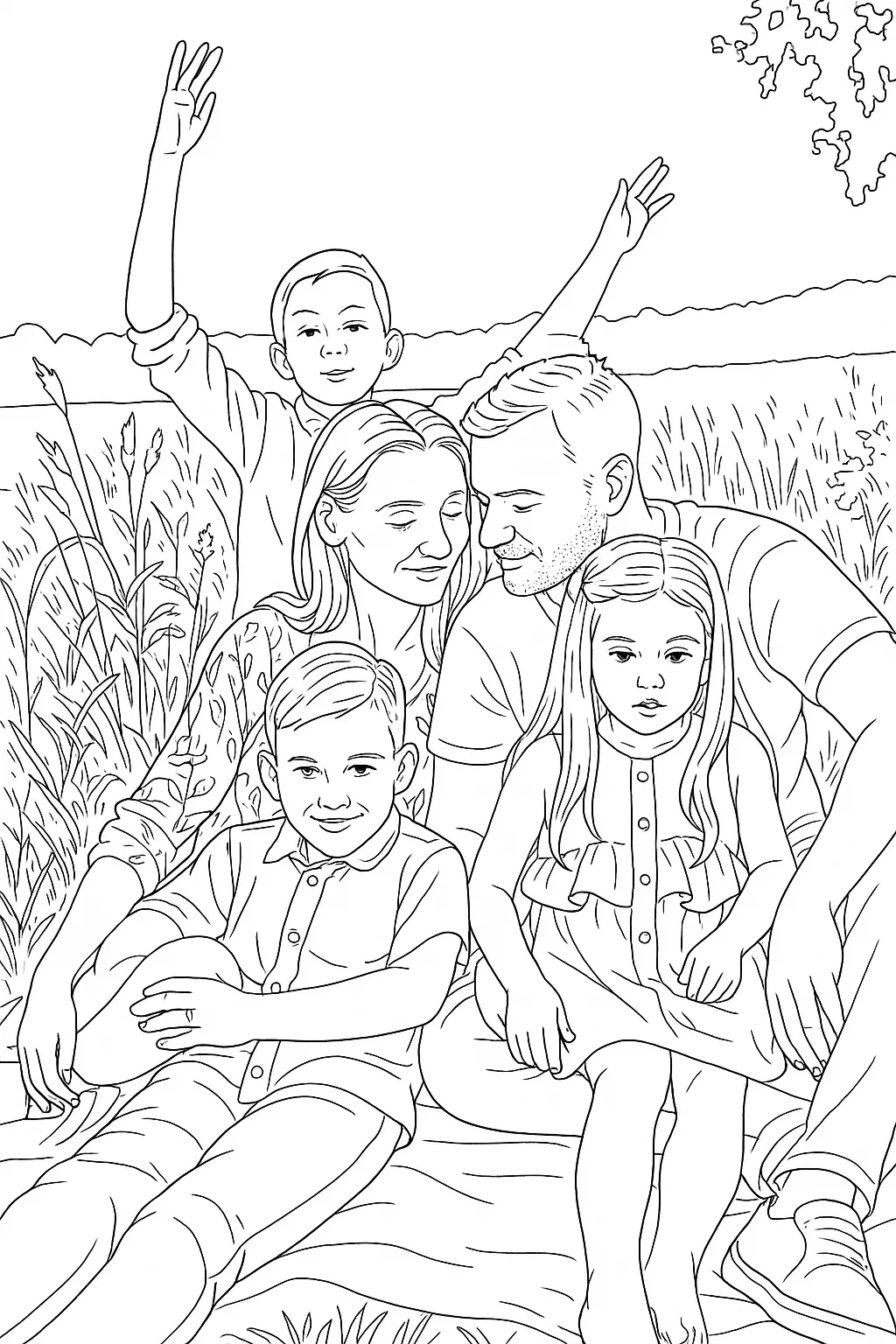 A coloring page made from a family portrait at sunset