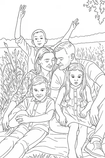 A coloring page made from a family portrait at sunset