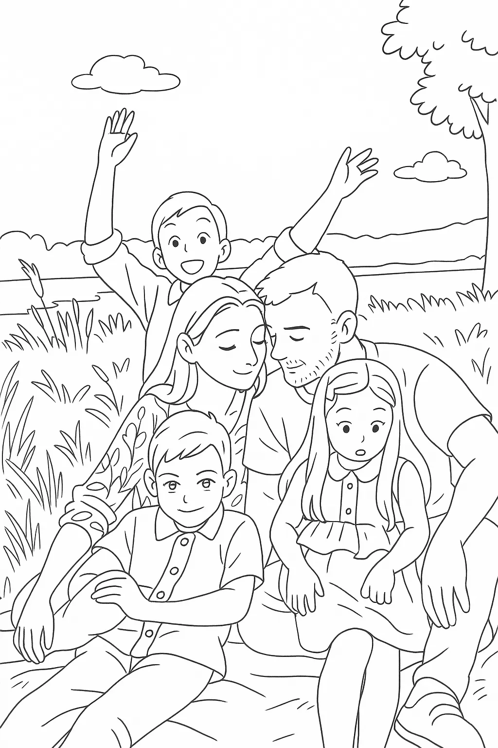 A whimsical cartoon-style coloring page of a family portrait at sunset