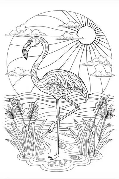Flamingo at Sunrise Coloring Page