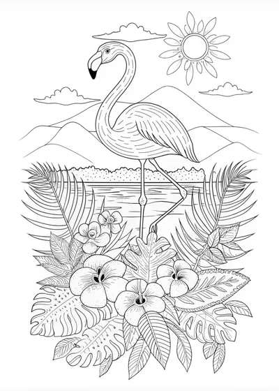 Flamingo in a Tropical Paradise Coloring Page