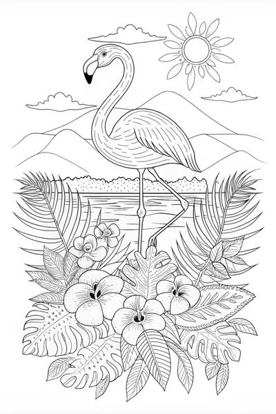 Flamingo in a Tropical Paradise Coloring Page