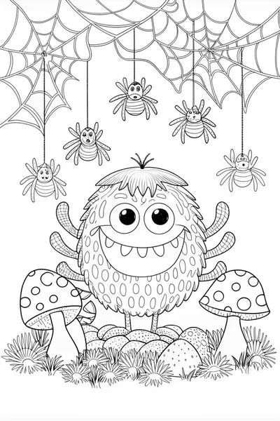 Friendly Monster and Spiders Coloring Fun