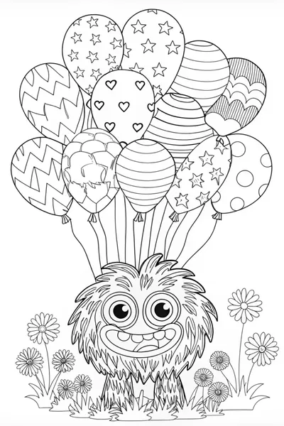 Furry Monster and Balloon Coloring Page