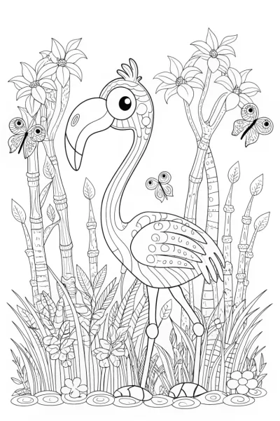 Flamingo’s Garden Adventure Coloring Page
