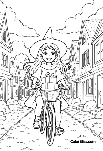 ai coloring page example: A coloring page in a whimsical anime style, with a young witch riding her bike down a quaint dirt road.