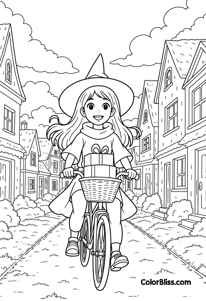 A young witch riding a bike through a village street as printable line art